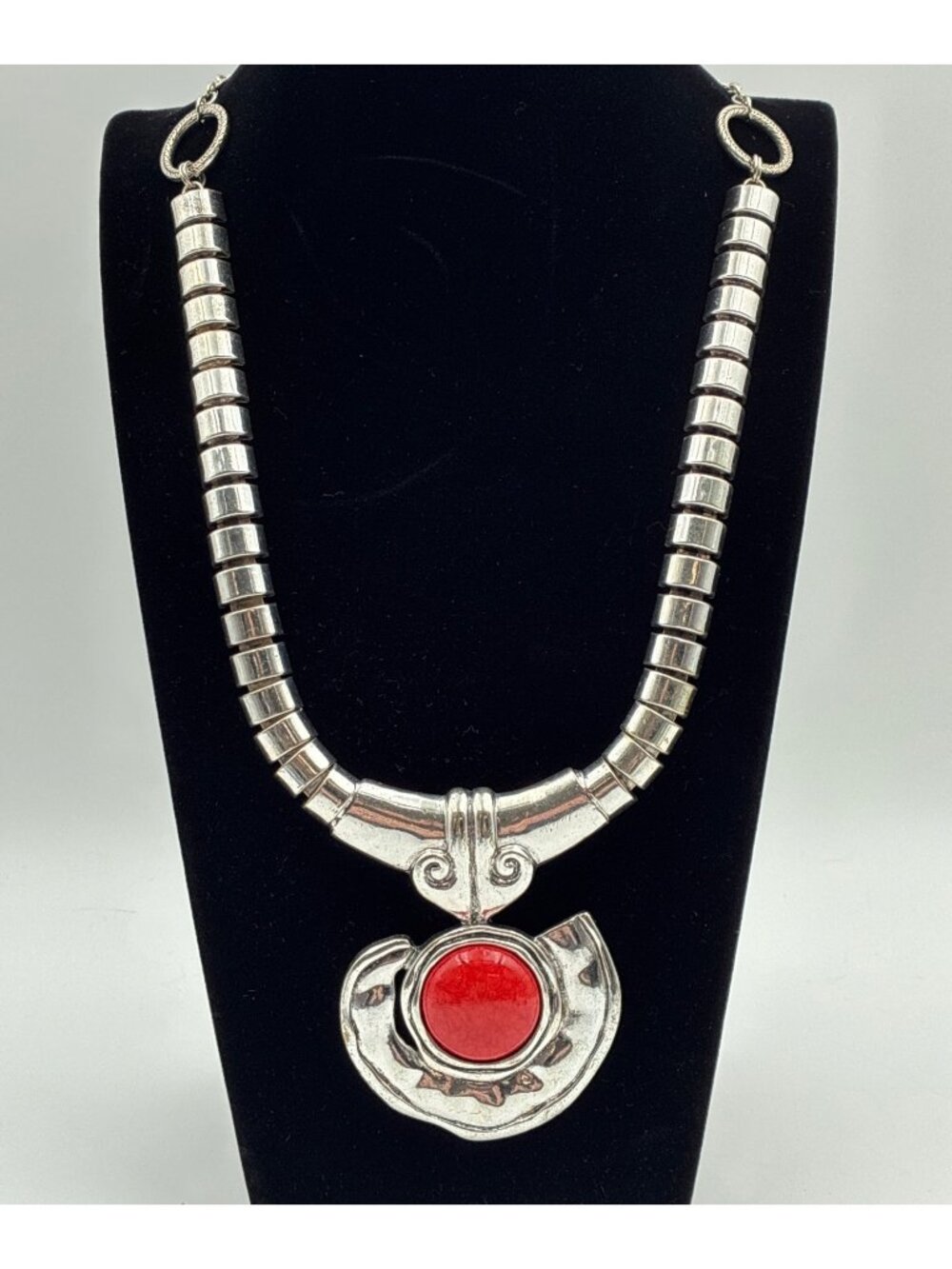 Statement Silverstone Necklace Bold Red Pendant Detail Metal Accents Medallion